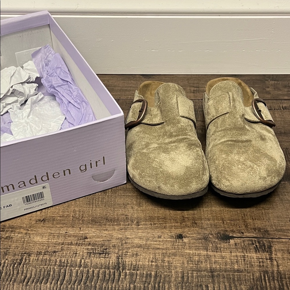 Madden Girl Taupe Suede Buckle Mules